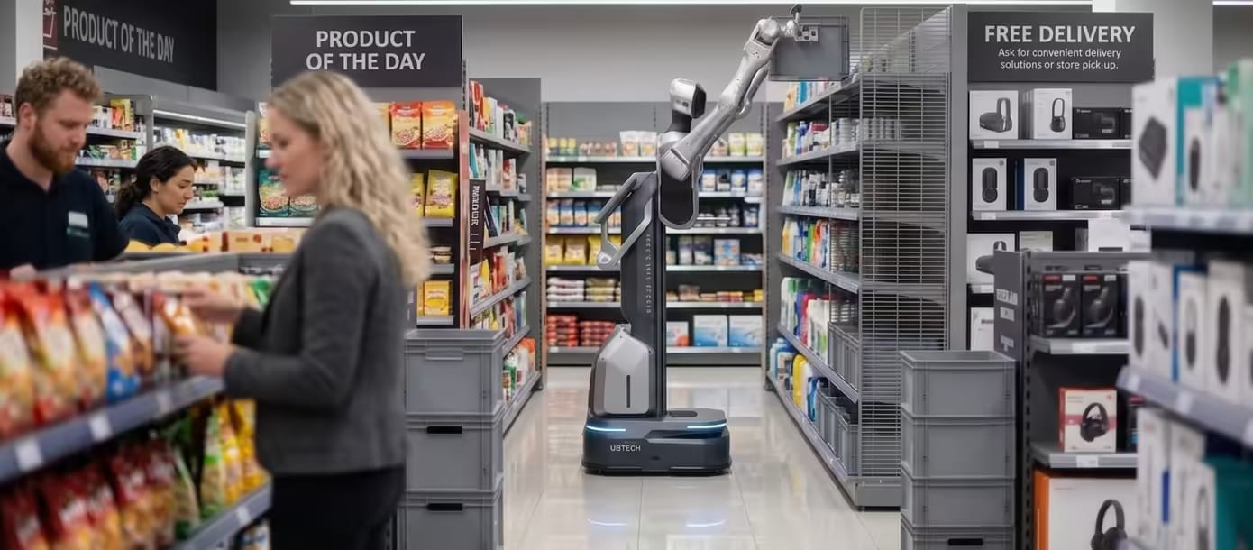 Dvoročni robot na premični podlagi seže na polico v trgovini.