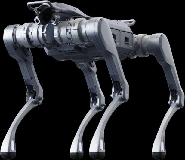 Štirinožni robot Unitree As2 med hojo, studijski posnetek od strani