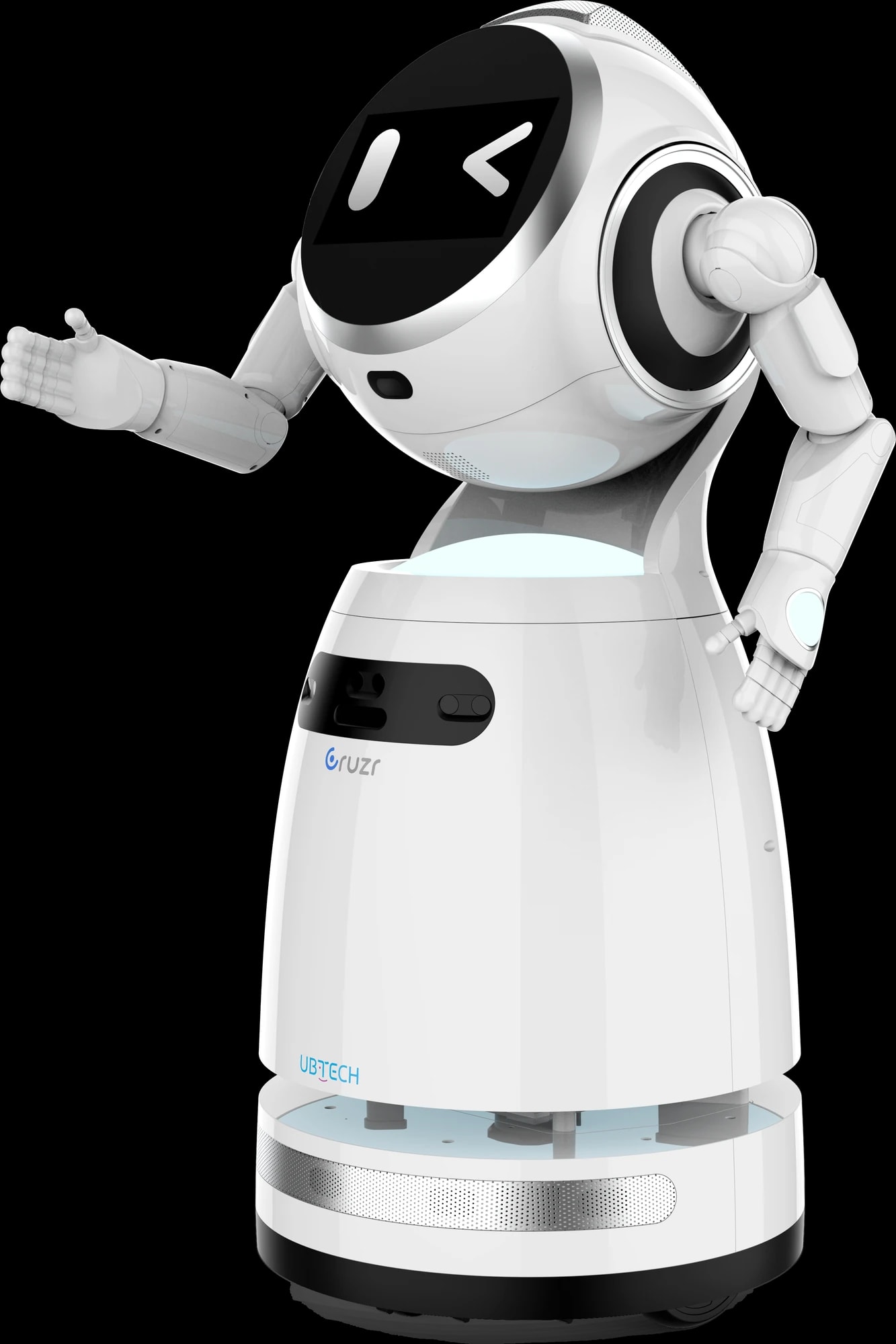 Servisni robot CRUZR 1S na kolesni bazi z zaslonskim obrazom, iztegnjena roka v pozdravu, brez ozadja