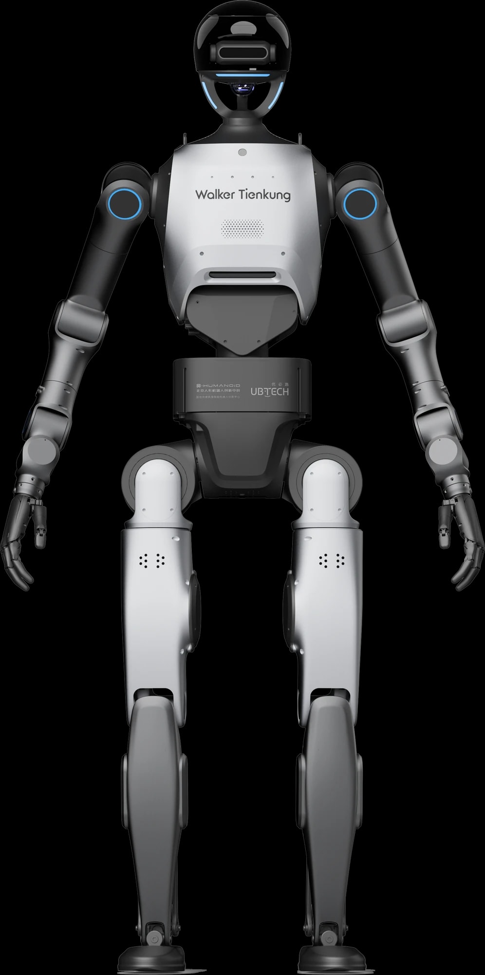Humanoidni robot Walker Tienkung DEX v pokončni drži od spredaj, brez ozadja