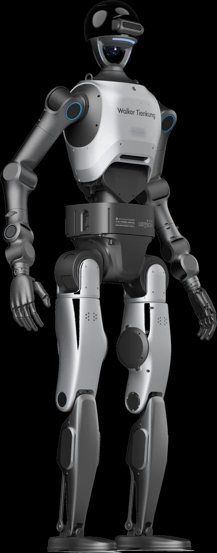 Humanoidni robot Walker Tienkung DEX v tričetrtinskem pogledu s hrbtnim modulom, uradni render proizvajalca, brez ozadja