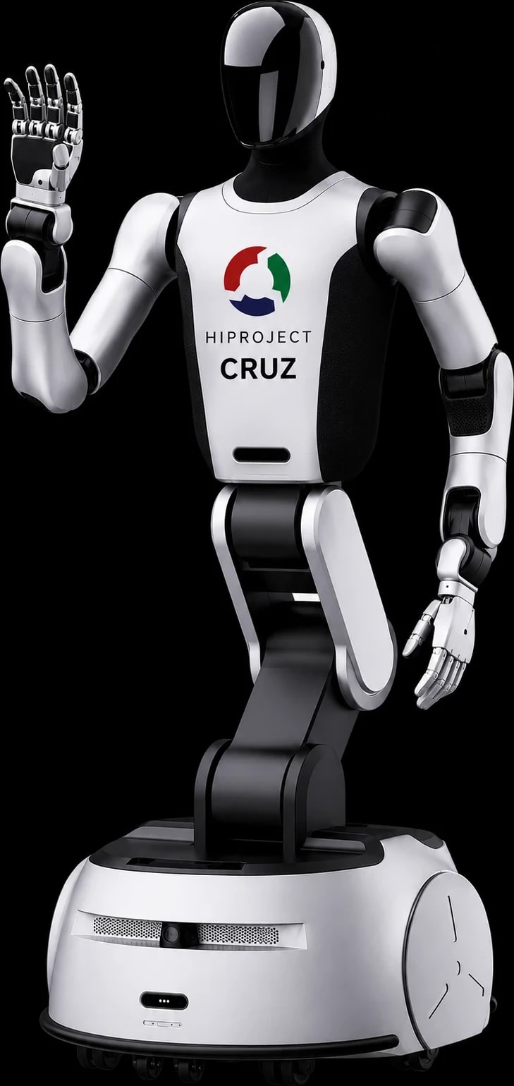 Robot na kolesih HIPROJECT CRUZ v polni postavi, znamčni prikaz na črni podlagi