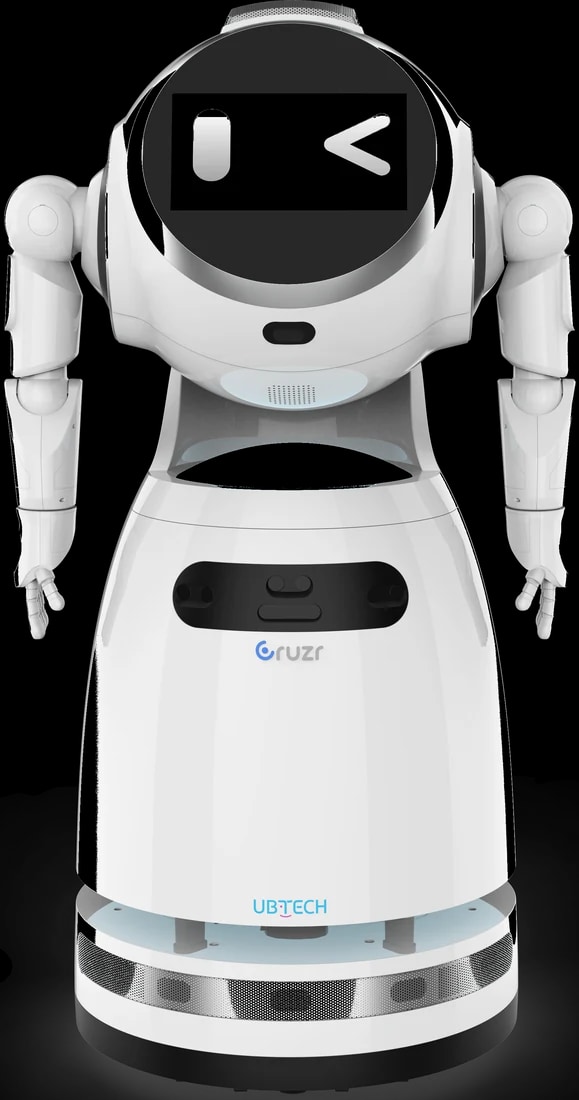 Robot Cruzr 1S od spredaj z razprtimi rokami in izrazom na zaslonu, uradni render proizvajalca, brez ozadja