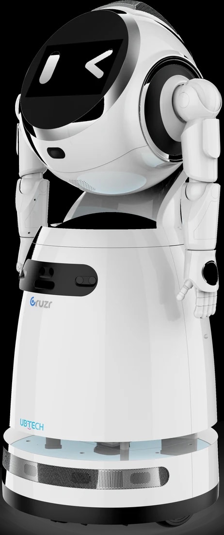 Robot Cruzr 1S s strani, vidna kolesna baza in senzorski obroč, uradni render proizvajalca, brez ozadja
