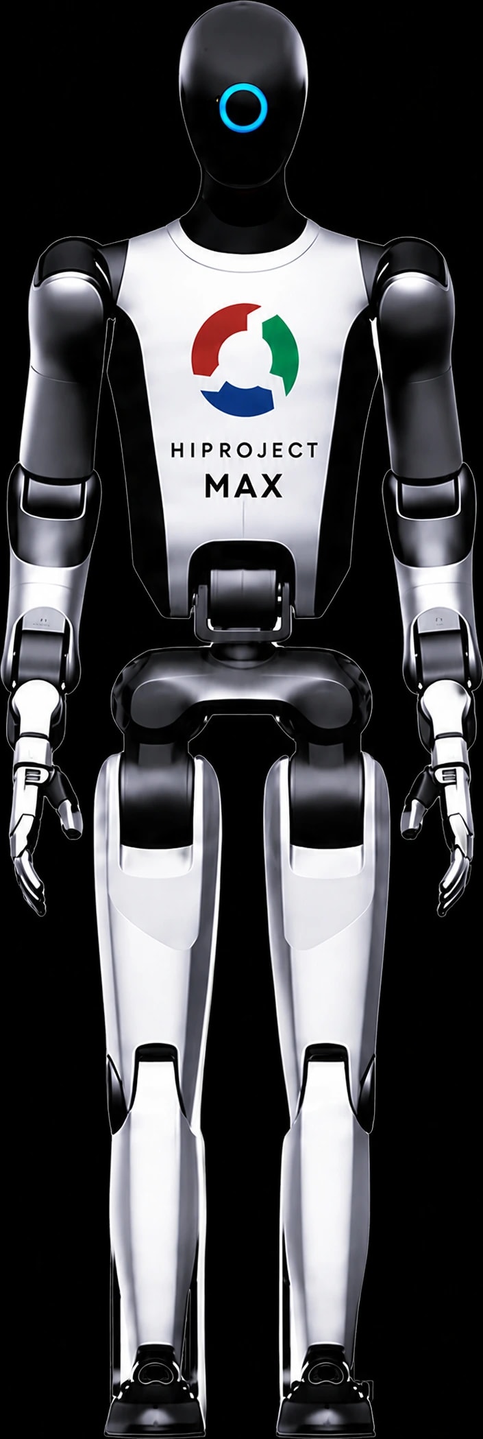 Humanoidni robot HIPROJECT MAX v polni postavi, znamčni prikaz na črni podlagi