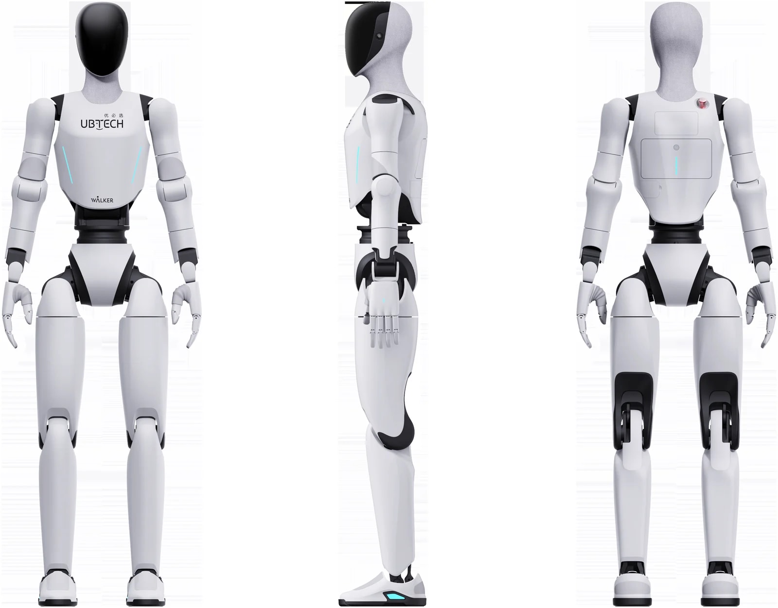 Humanoidni robot Walker C1 v treh pogledih: spredaj, s strani in od zadaj, uradni render proizvajalca brez besedila