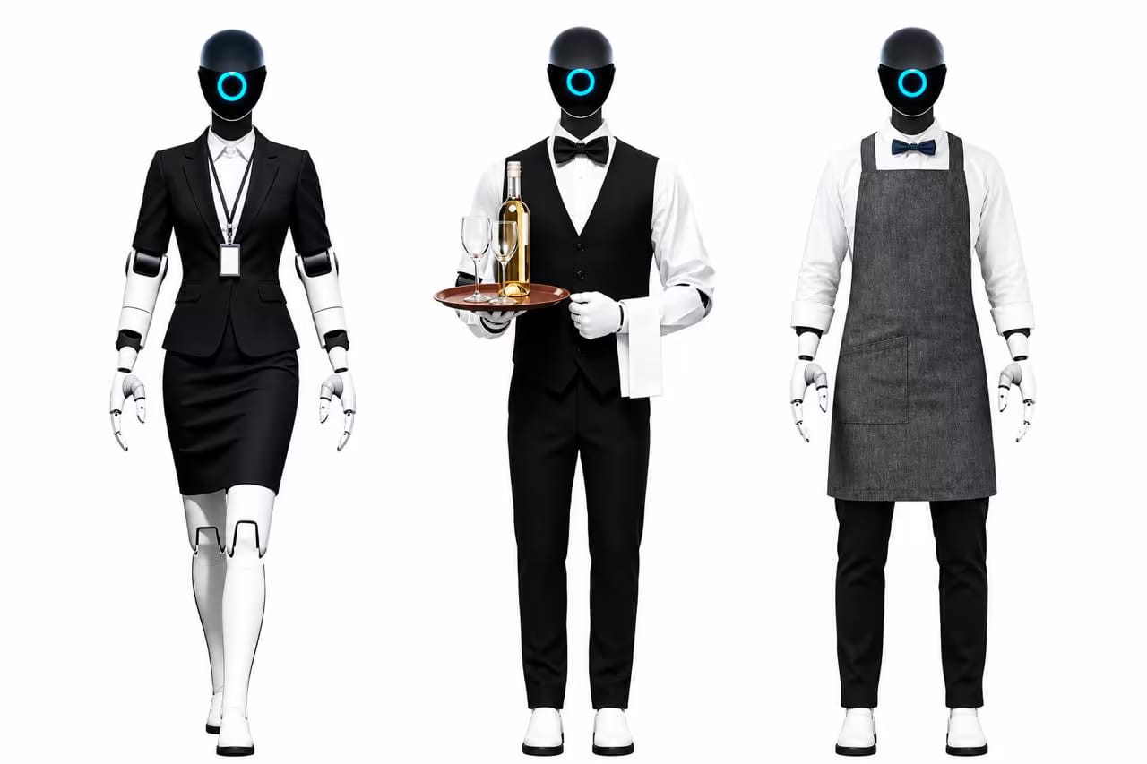 Ponazoritev: trije humanoidni roboti v hotelskih uniformah — receptorka, natakar in kuhinjski pomočnik.