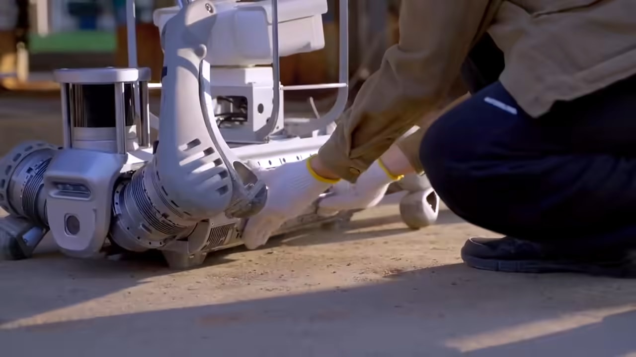 Robot B2 hodi med industrijskimi rezervoarji v temni hali