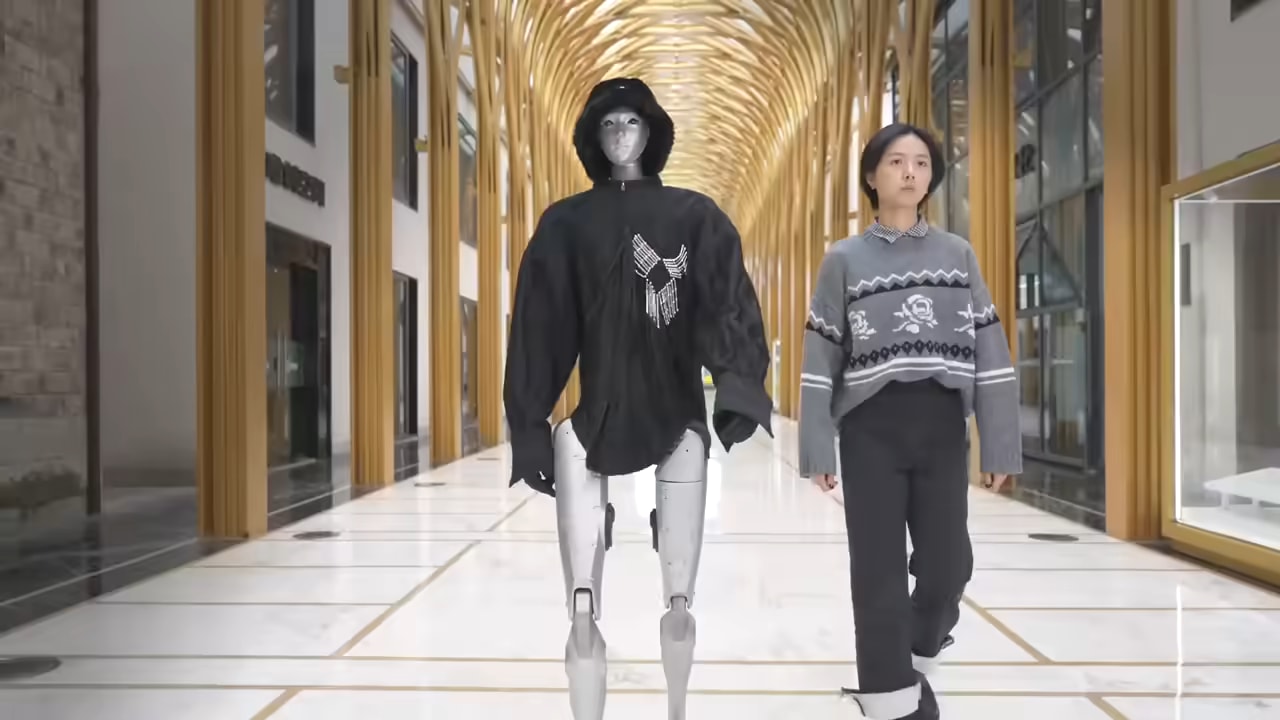Robot H2 v oblačilih hodi po dvorani ob človeku